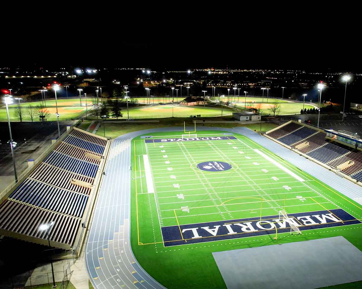 Photo of Memorial Stadium in Joliet, IL lit with new LED lights